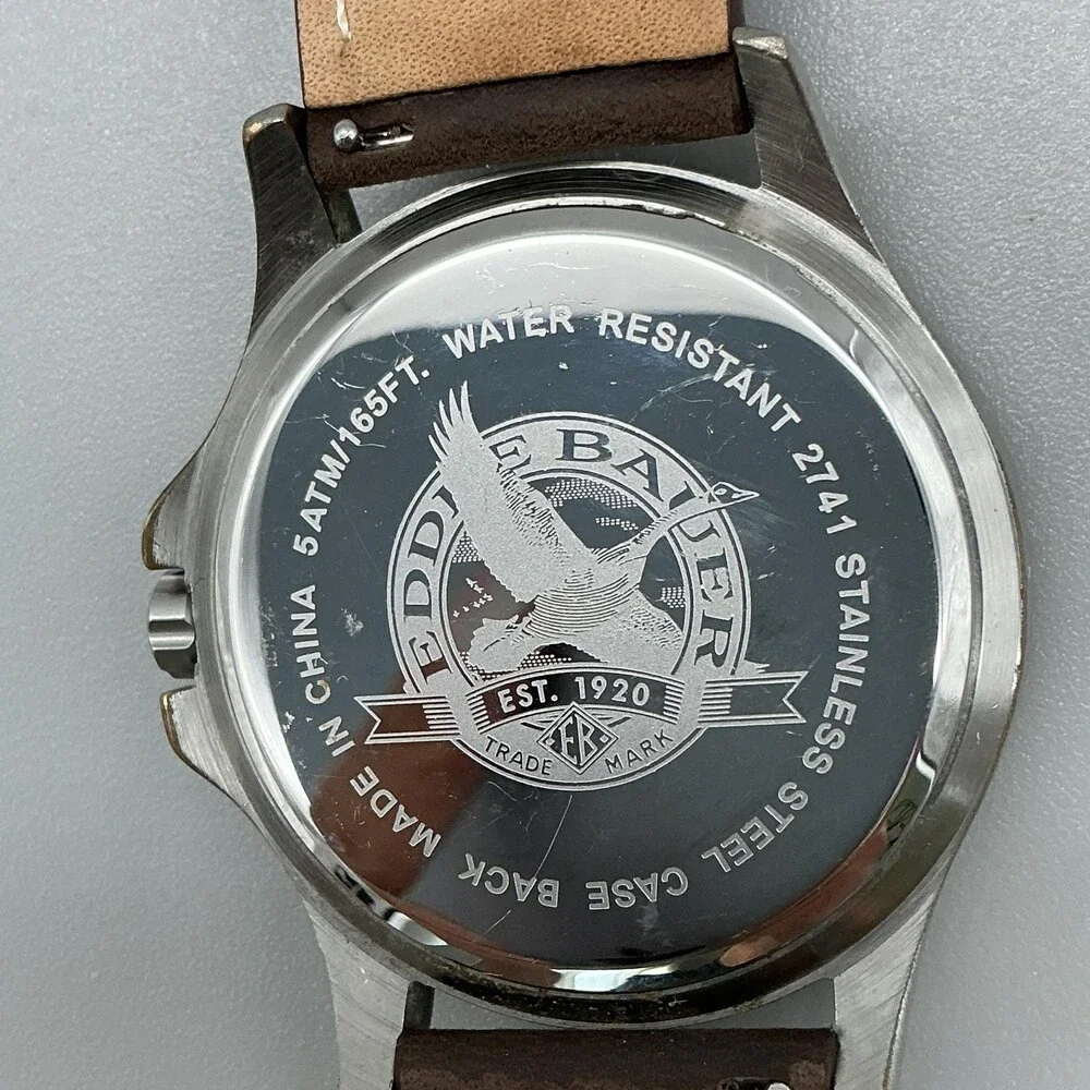 Eddie Bauer Men Watch 43mm Black Dial Silver Tone Brown Leather 2741 New Battery